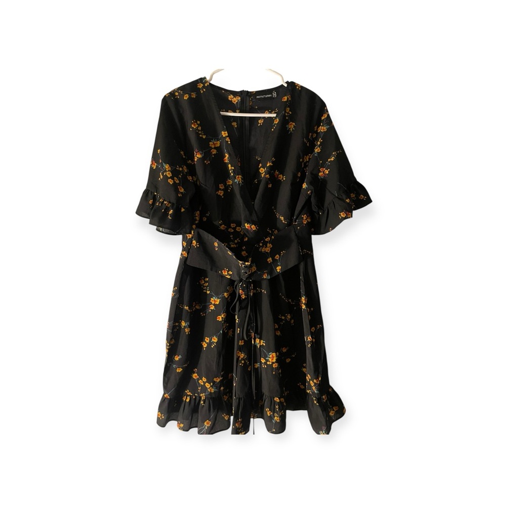PrettyLittleThing Black Floral Midi Dress (Size US 12 / UK 16)